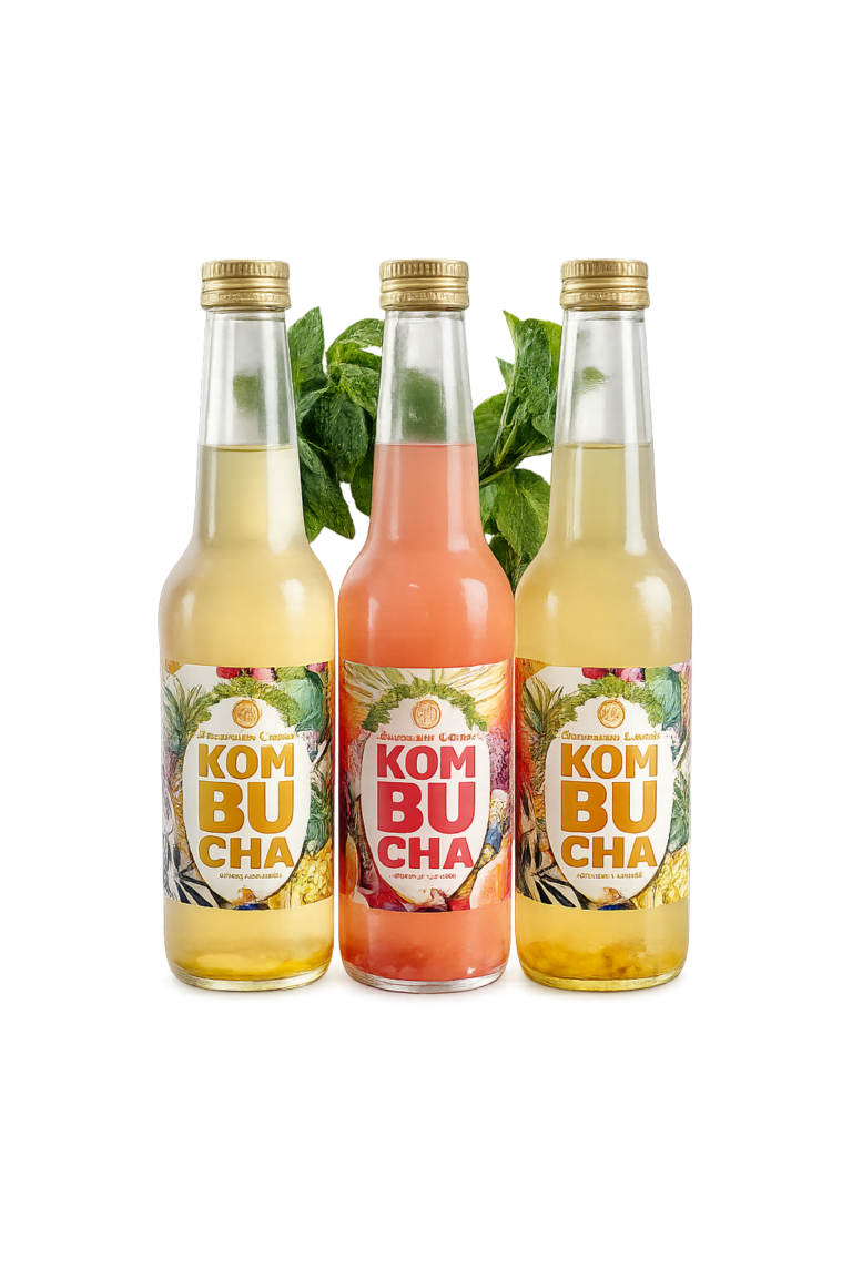 Trois bouteilles de kombucha artisanal ariègeois bio servies au restaurant L'Hémicycle, rive gauche Toulouse