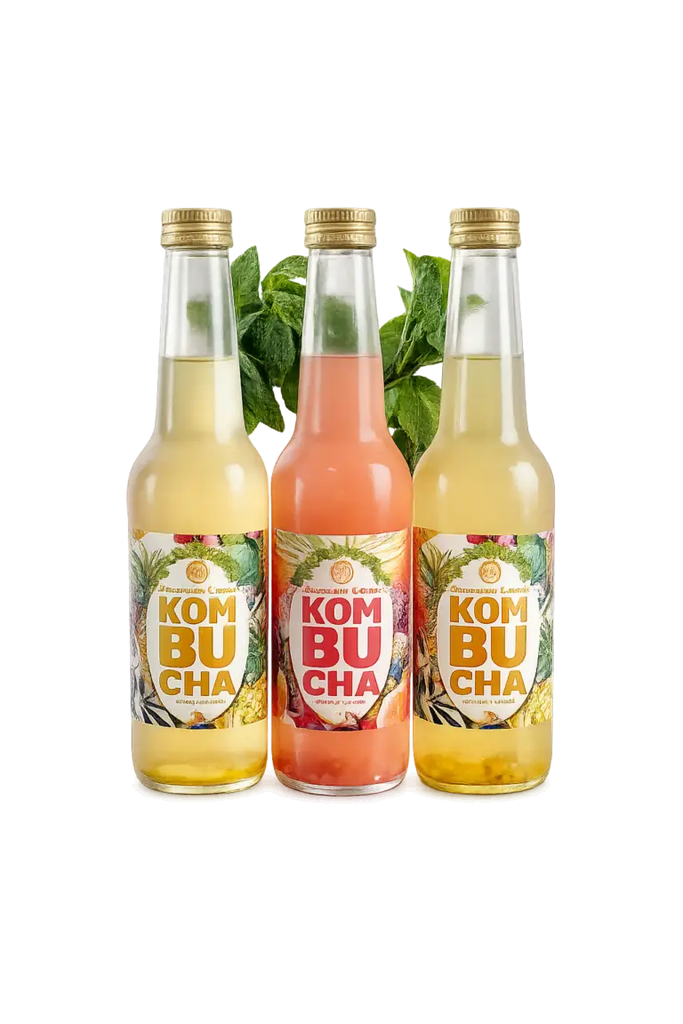 Trois bouteilles de kombucha artisanal ariègeois bio servies au restaurant L'Hémicycle, rive gauche Toulouse