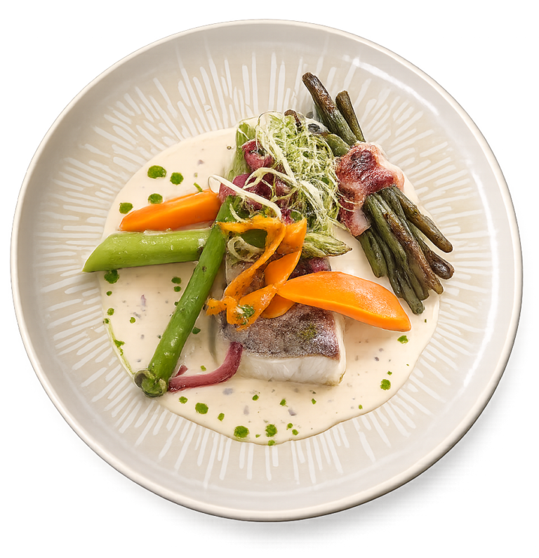 Filet de poisson du jour sauce crémeuse et légumes de saison, plat de la carte au restaurant L'Hémicycle Toulouse