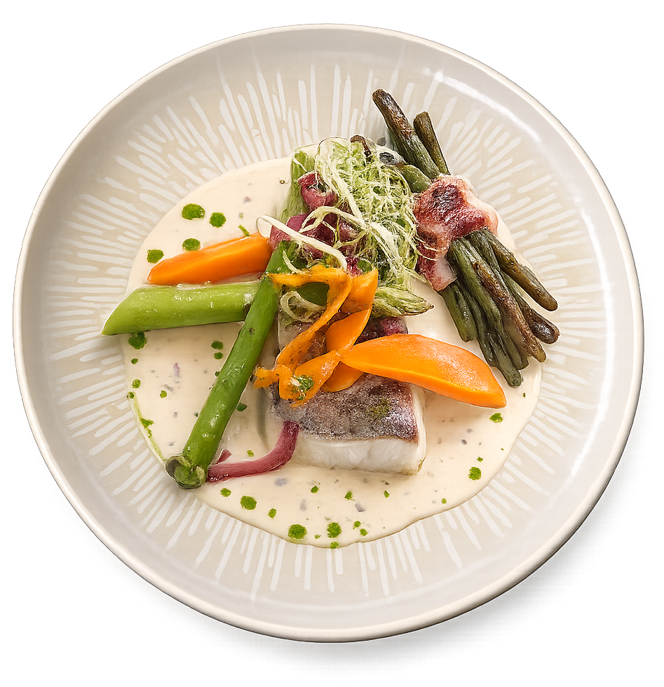 Filet de poisson du jour sauce crémeuse et légumes de saison, plat de la carte au restaurant L'Hémicycle Toulouse