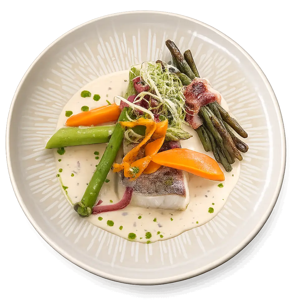 Filet de poisson du jour sauce crémeuse et légumes de saison, plat de la carte au restaurant L'Hémicycle Toulouse