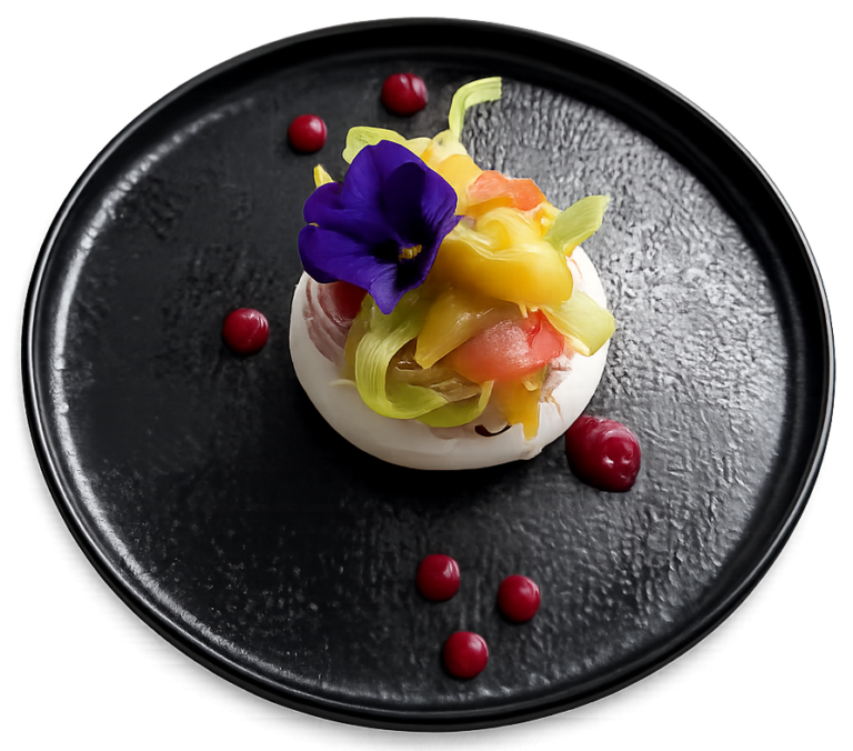 Pavlova aux fruits exotiques et fleur comestible, dessert de la carte au restaurant L'Hémicycle Toulouse rive gauche