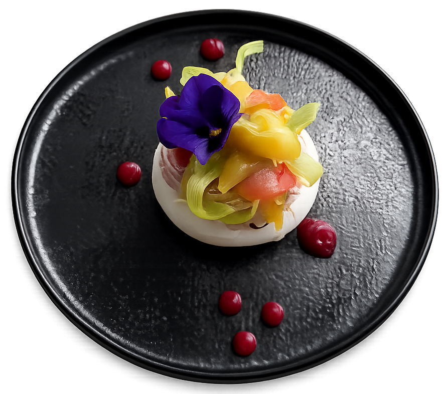 Pavlova aux fruits exotiques et fleur comestible, dessert de la carte au restaurant L'Hémicycle Toulouse rive gauche
